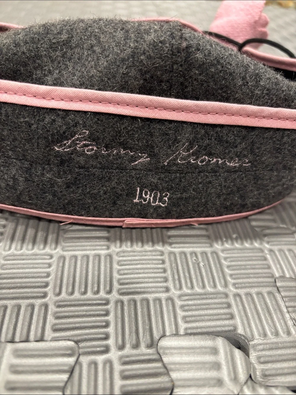 Wool Blend Gray Cap with Pink Flower Accent